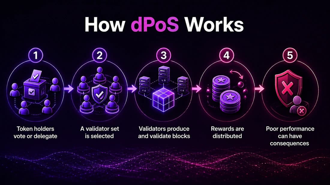 How dPoS works: token holders vote, validators are selected, blocks are produced, and rewards are distributed